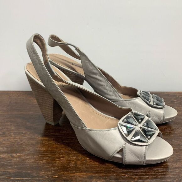 Vince Camuto Majorca Leather Open Toe Cone Heel Slingback gray Size 9.5 - Picture 1 of 9